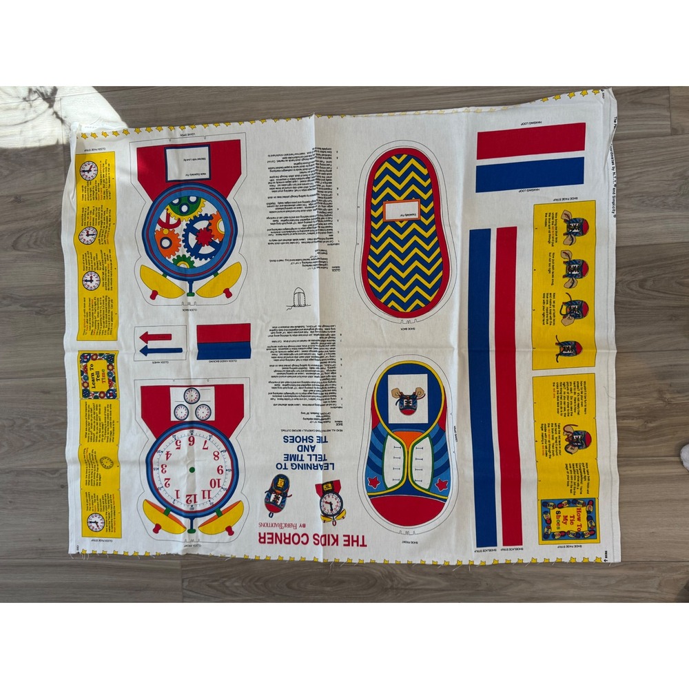 Fabric Traditions The Kids Corner Learning to Tell Time Tie‎ Shoes Fabric Panel